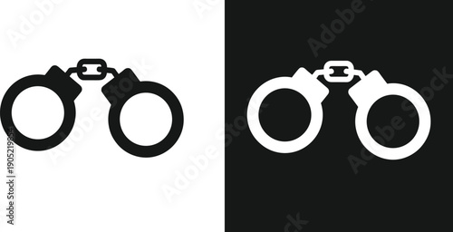Handcuffs silhouette icon set in black and white with negative space design isolated on light and dark backgrounds