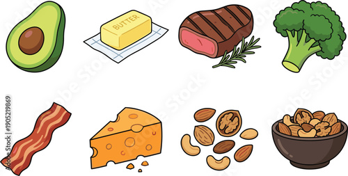 High protein keto foods collection avocado butter steak broccoli cheese bacon nuts cartoon illustration isolated white background