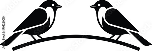 Two birds silhouette sitting on branch facing each other isolated on white background minimalist wildlife vector illustration