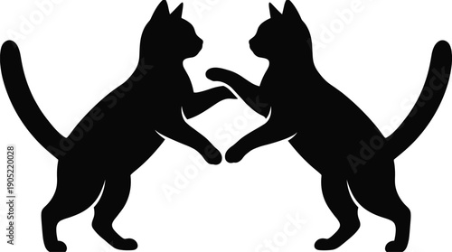 Two black cat silhouette illustration, playful fighting kittens pose, animal interaction concept, isolated white background vector