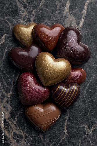 romantic heart shaped chocolate pralines in a box, delicious sweet cocoa treats for valentine's day, luxury dark chocolate hearts