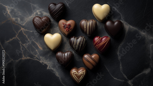 romantic heart shaped chocolate pralines in a box, delicious sweet cocoa treats for valentine's day, luxury dark chocolate hearts