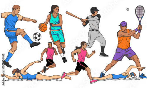 Diverse Athletes Engaged in Various Sports Activities Illustration
