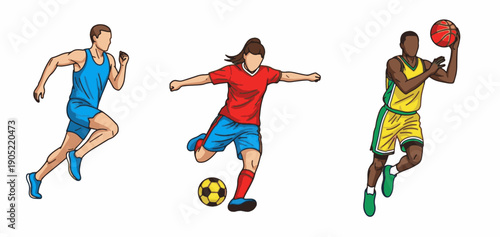 Vector illustration of athletes playing soccer, basketball, and running