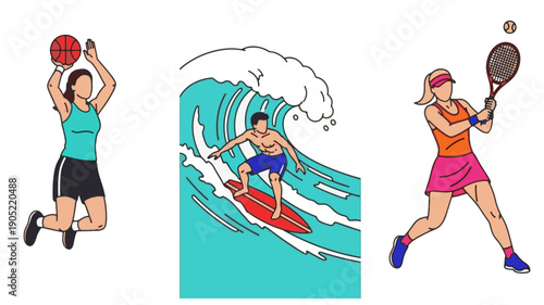 Vector illustrations of athletes playing basketball, surfing, and tennis