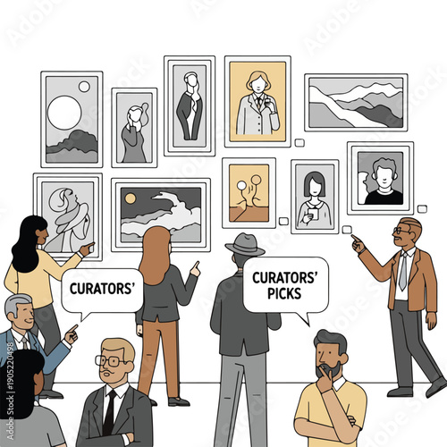 Illustration of people at an art gallery viewing paintings
