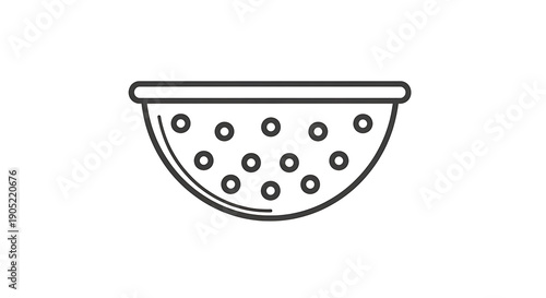 A simple line drawing of a colander with circular holes on a white background in a minimalist style