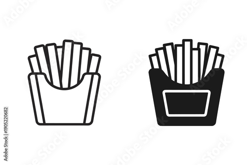 French fries in a carton icon set featuring outline and solid black vector graphic designs