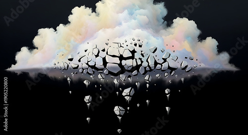 A digital illustration of a cloud with falling rocks against a dark black and gray background