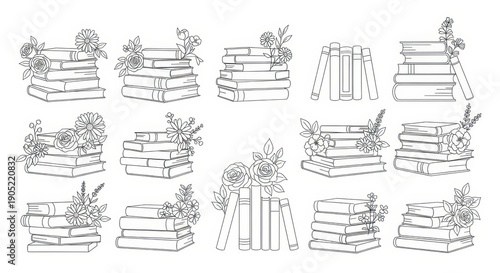 Hand-Drawn Stacked Books with Flowers Clipart Set