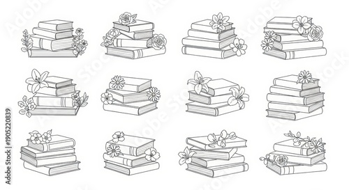 Stack of Books with Ribbons and Flowers, Hand-Drawn Vector Illustration