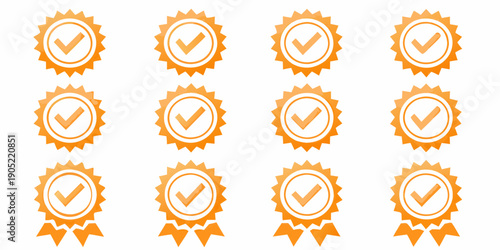 A collection of orange circular badges with checkmark symbols