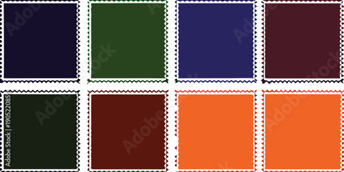 Collection of eight square postage stamps with varying dark colors