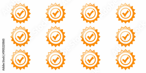 A collection of twelve orange starburst badges with checkmarks