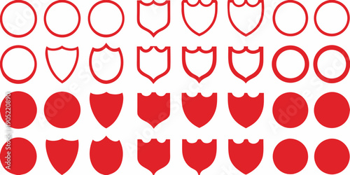 Red geometric shapes circles hearts and shields in a grid pattern