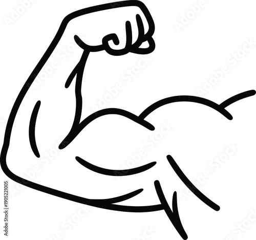 Strong arm muscle flexing icon, black line bicep illustration symbol, fitness strength logo design, bodybuilding gym workout vector outline isolated