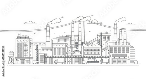 Industrial Factory Landscape with Smoke Stacks and Trucks, Black and White Line Art