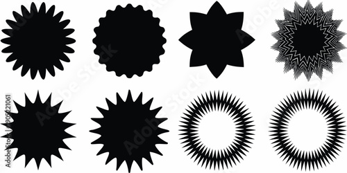 Collection of black geometric starburst and radial designs on a white background