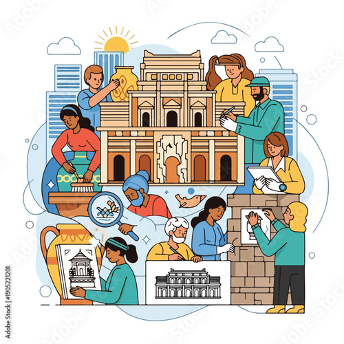 Illustration of people examining and working on historical artifacts