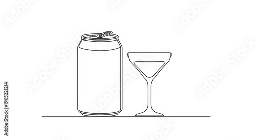 Open Soda Can Next to Martini Glass Line Art