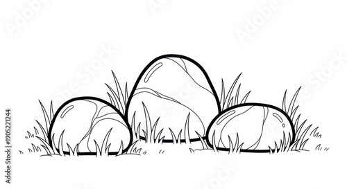Simple Line Art Illustration of Three Smooth Stones and Grass