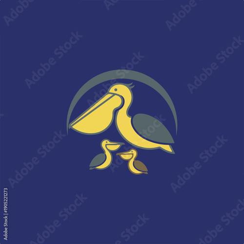 A stylized vector illustration depicts a mother pelican nurturing two smaller pelican chicks, set against a dark blue background with a subtle grey arch overhead.
