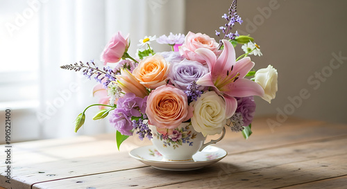 Assorted flowers in a teacup on a wooden table near a window with natural light shining through it