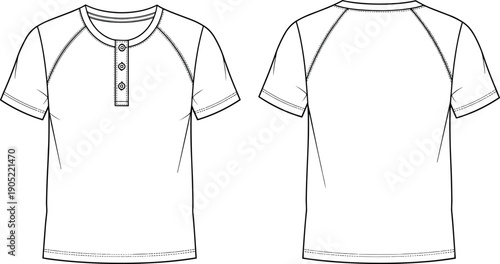 Men raglan sleeve henley t shirt technical fashion flat sketch, front and back view apparel design template outline vector