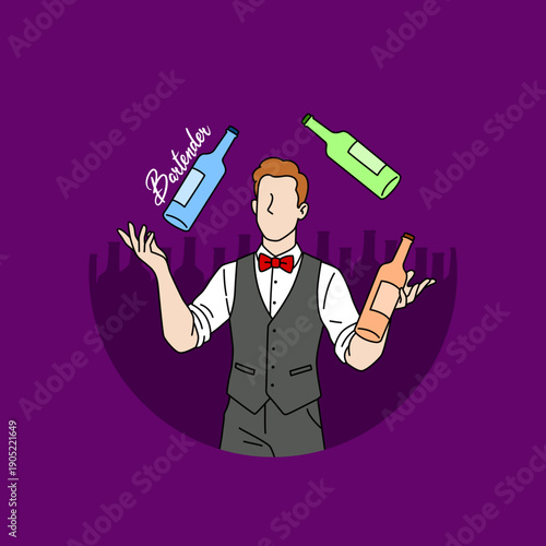 A dapper red-haired cocktail mixologist performs a gravity-defying juggling act with liquor bottles in front of a lounge silhouette. World Bartender Day, February 24th