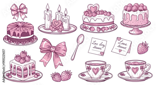 Illustration of various pink desserts and tea cups with hearts and bows on a white background in a flat lay composition.