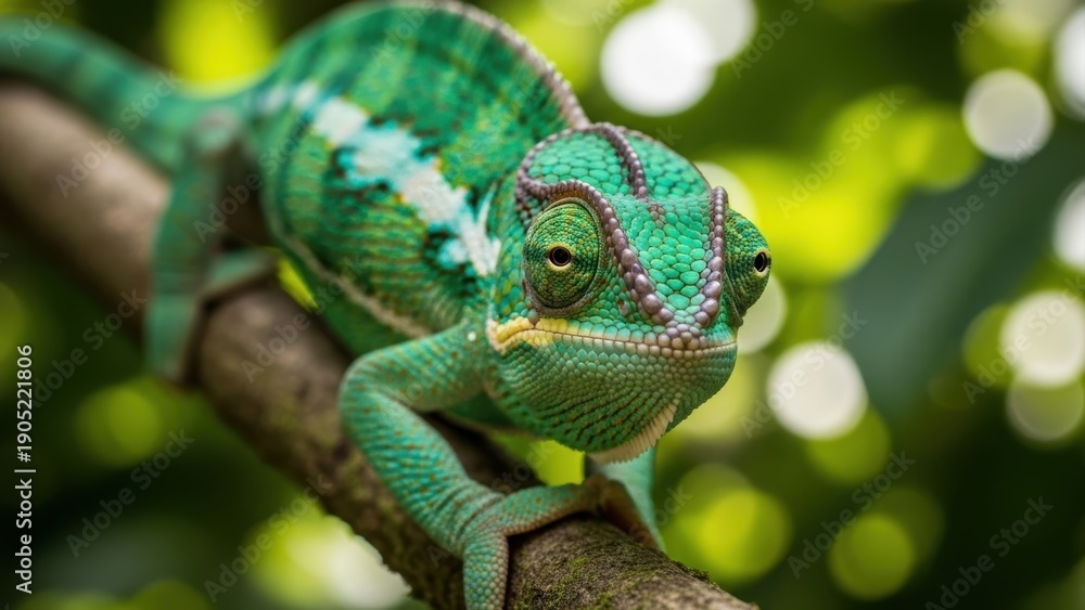 Fototapeta premium A green chameleon on a branch looking at the camera.
