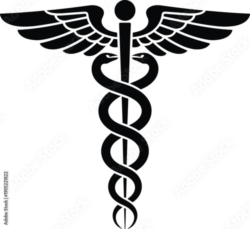 Black caduceus medical symbol with two snakes and wings on white background, health care, pharmacy, medicine, doctor, vector 