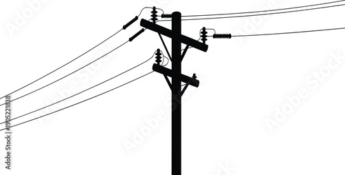 Black silhouette of an electric utility pole with power lines isolated on white background, energy, infrastructure, electricity, technology (18 words)