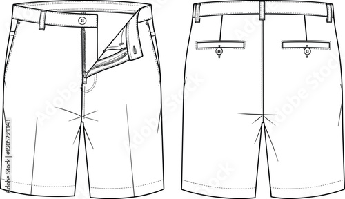 Men's tailored shorts mockup, front and back view, flat vector CAD drawing, blank apparel template, fashion garment illustration