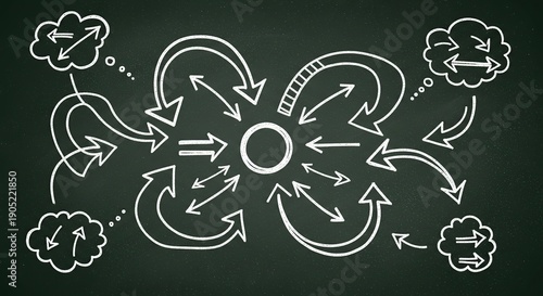 Dynamic flowchart with arrows on chalkboard background for business planning