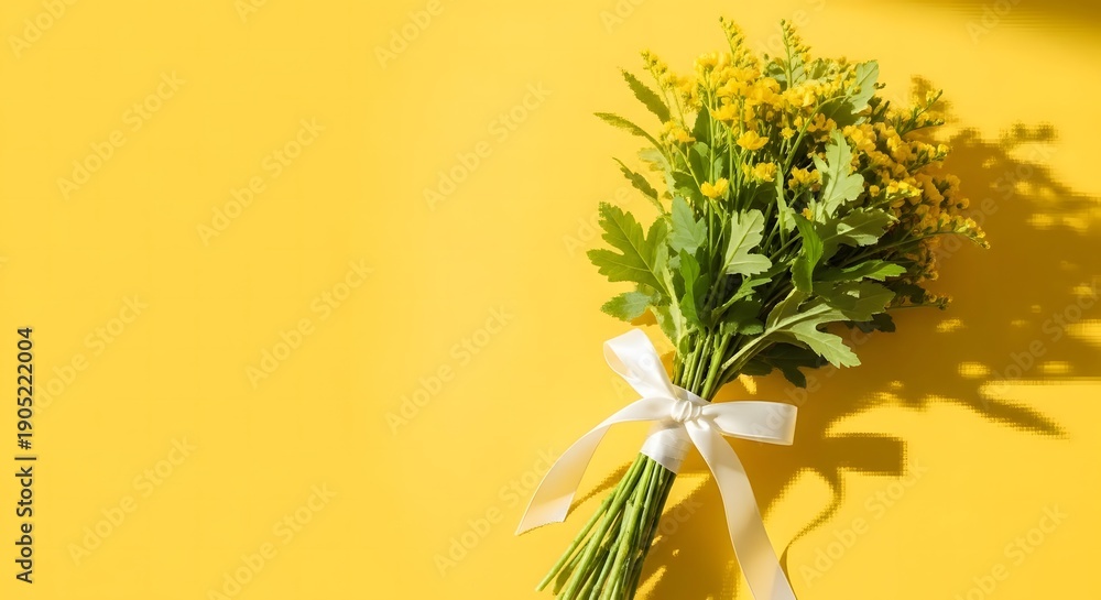 Obraz premium Bouquet of yellow flowers tied with white ribbon on bright yellow background