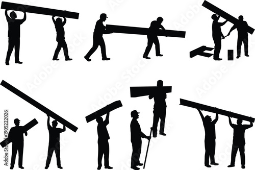 Construction workers silhouette carrying wooden beams, teamwork, labor, building site, industrial work, collaboration, effort, construction illustration