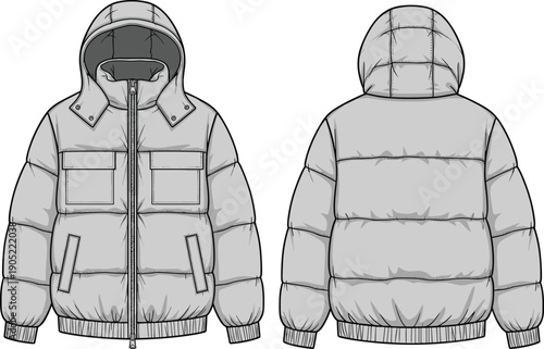 Puffer jacket technical drawing, hooded winter coat illustration, front and back view, quilted outerwear fashion flat, apparel design template