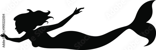PrintElegant mermaid silhouette swimming left, long flowing hair, curved tail fin, fantasy ocean theme, mythical sea creature illustration