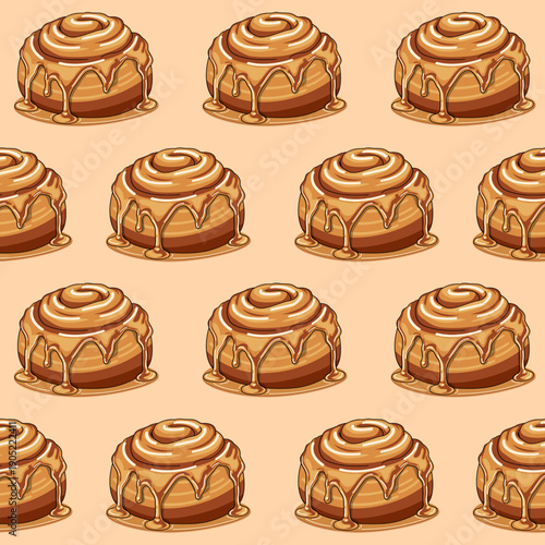 Caramel glazed sticky bun vector seamless pattern. A warm bakery inspired illustration featuring gooey cinnamon rolls with rich amber drips for cozy kitchen textile decor