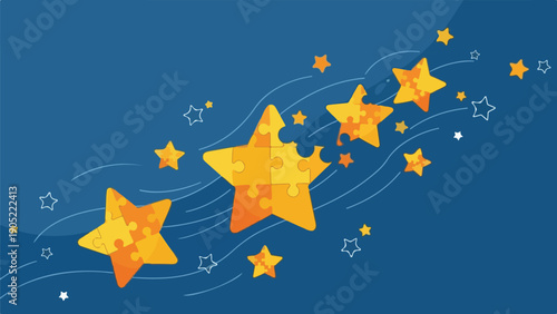 Illustration of puzzle stars on a blue background with other stars