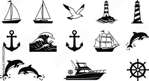 Nautical maritime silhouette icon set with sailboat anchor lighthouse dolphin wave seagull ship isolated vector collection