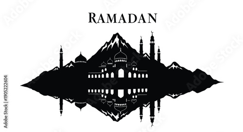 Ramadan mosque silhouette with minarets and dome in abstract modern style