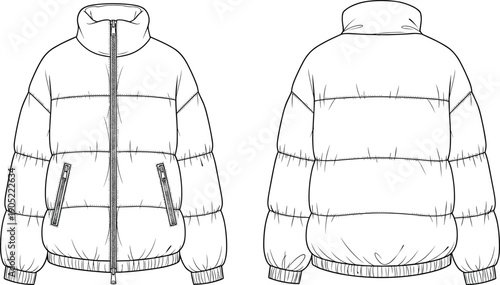 Puffer jacket technical CAD drawing, front and back view, quilted winter coat, high collar, zipper closure, flat vector apparel