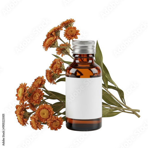 Essential oil bottle with orange flowers isolated on transparent background