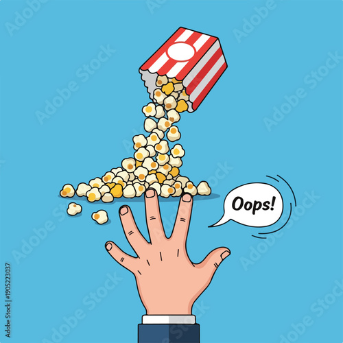 Illustration of spilled snack with the word "oops!" above a hand