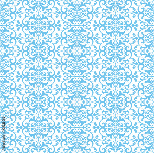 Wallpaper in the style of Baroque. White and blue floral ornament. Seamless vector background. Graphic pattern for fabric, wallpaper, packaging. Ornate Damask flower illustration