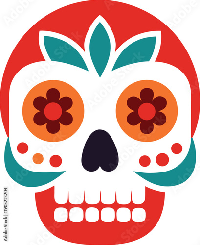 Vibrant Day of the Dead sugar skull with floral and leaf embellishments dia de los muertos