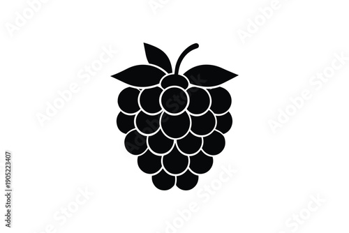 Black silhouette of a ripe raspberry or blackberry fruit with leaves and a stem on a white clean background