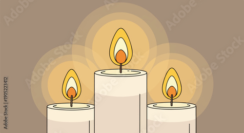 Illustration of three candles, flames, and concentric orange glow rings